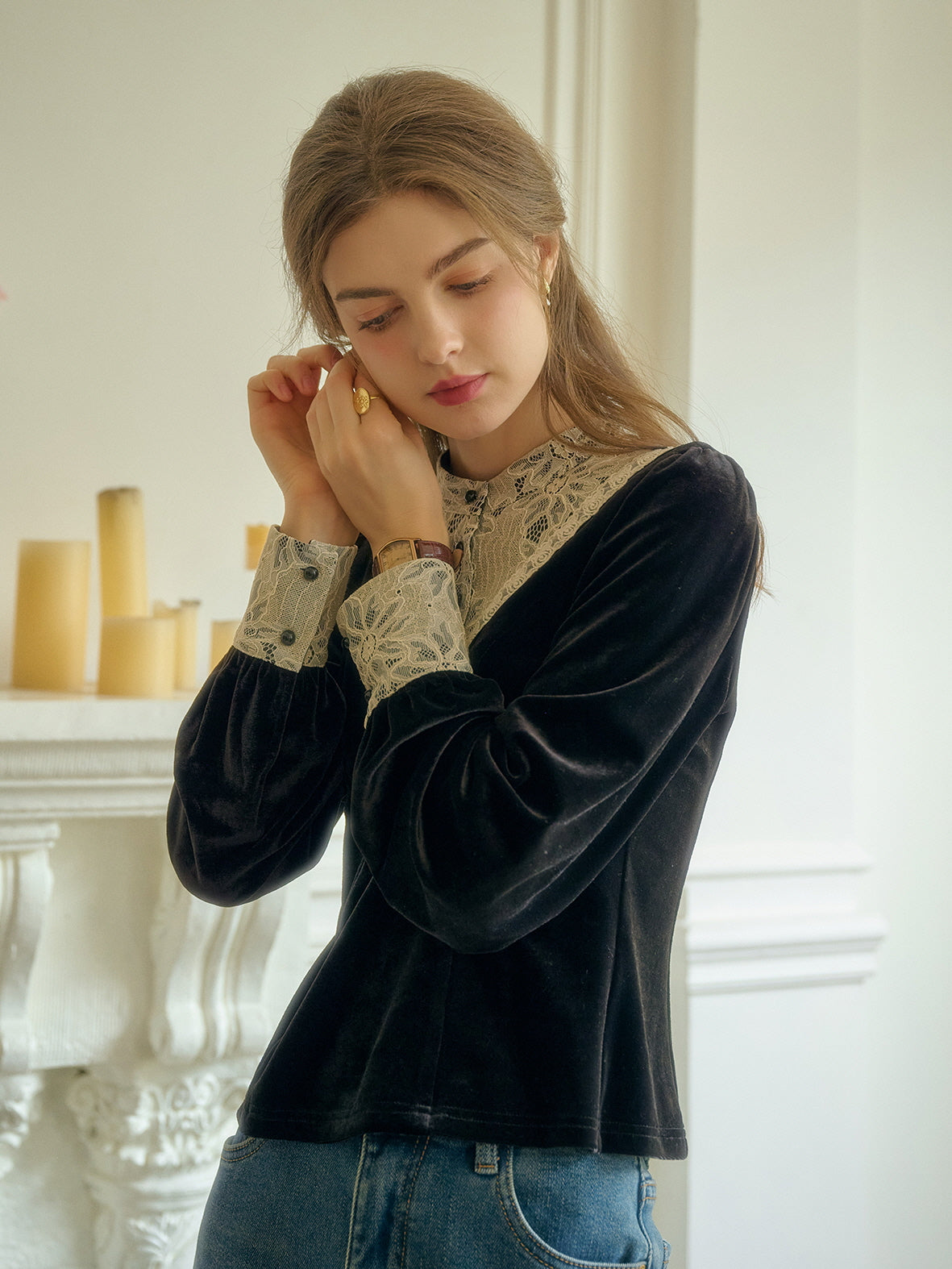 Victorian Lace Trim Black Velvet Blouse