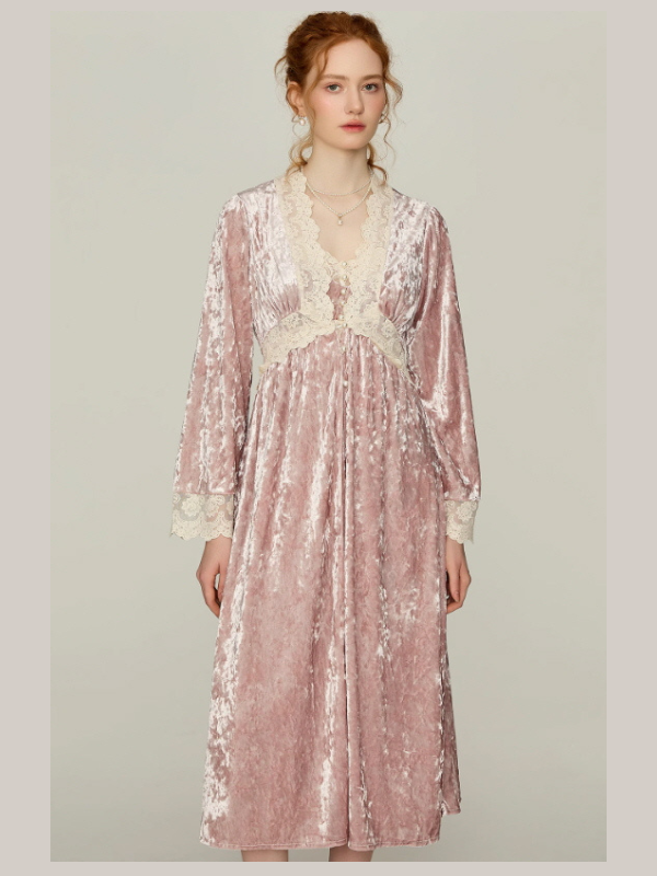 Model wearing a blush velvet lace nightgown and robe set, long sleeves and cream lace trim, romantic princesscore loungewear from Romantic Fairytale.