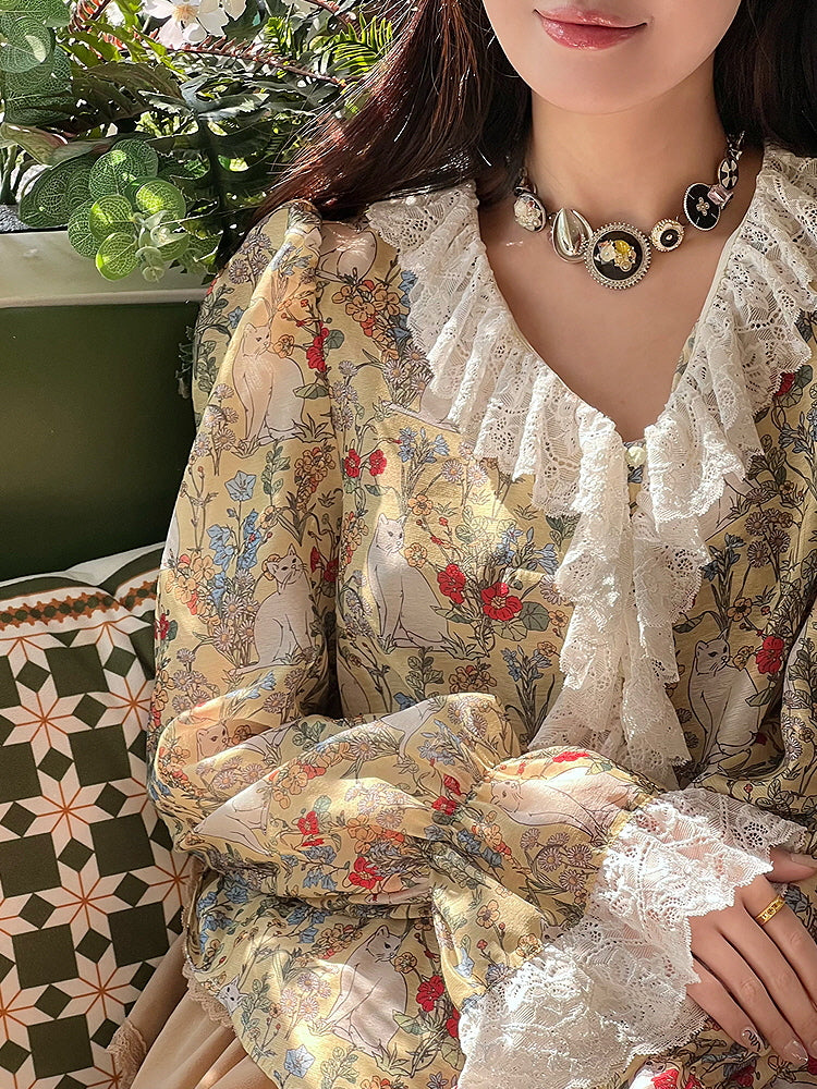 Enchanted Garden Cat Lace Blouse