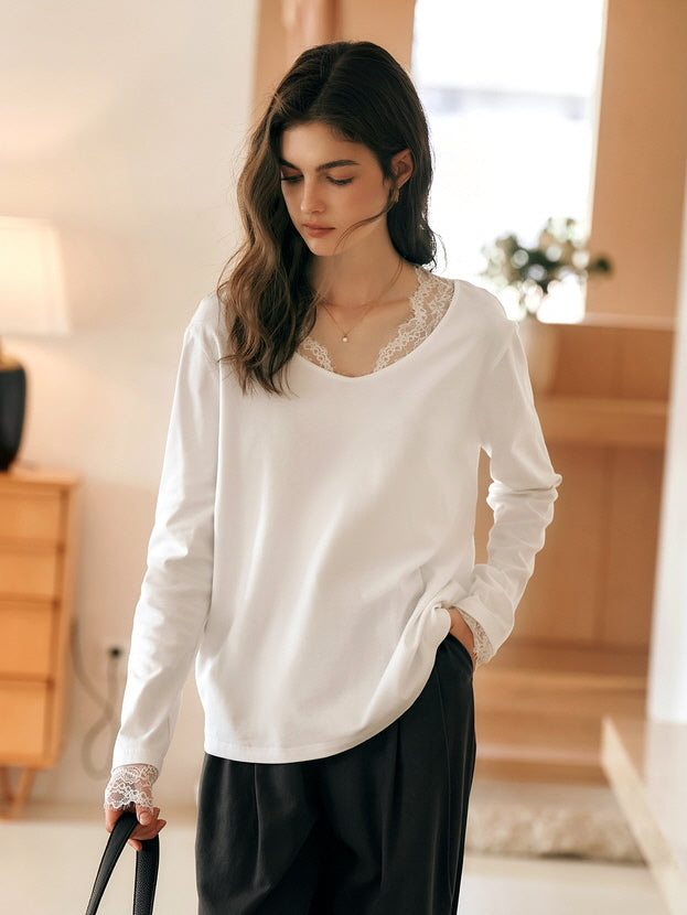 Lace Trim Soft Cotton Long Sleeve Top
