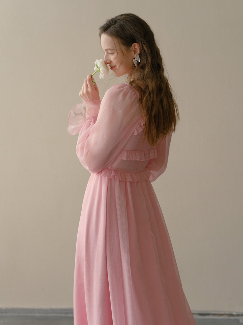Blush Petal Frill Chiffon Dress