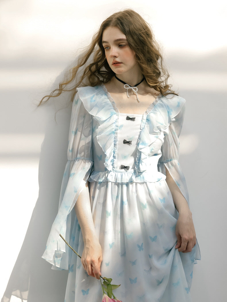 Light Blue Butterfly Ruffle Dress - Sheer Layers - Fairycore Aesthetic Outfit Light Blue / S Light Blue Butterfly Ruffle Dress - Sheer Layers - Fairycore Aesthetic Outfit Light Blue / S