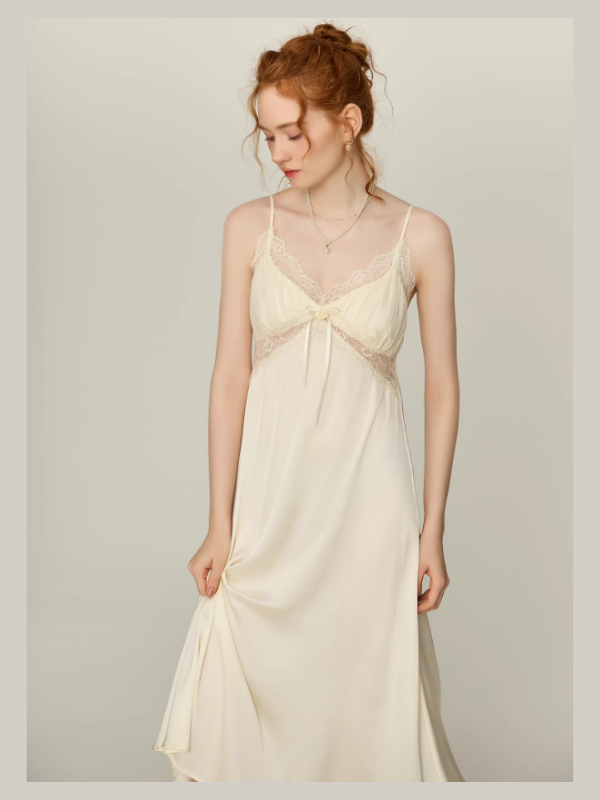 Snowy Lace Dream Slip Nightgown & Faux Fur Collar Robe