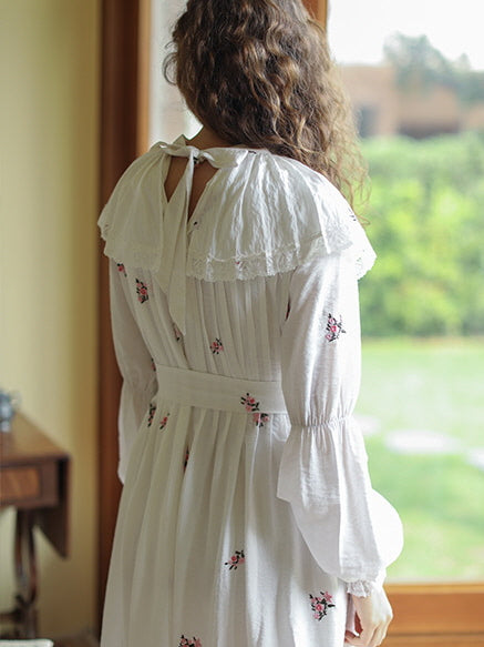 Floral Embroidery Vintage Ruffled Cotton Dress
