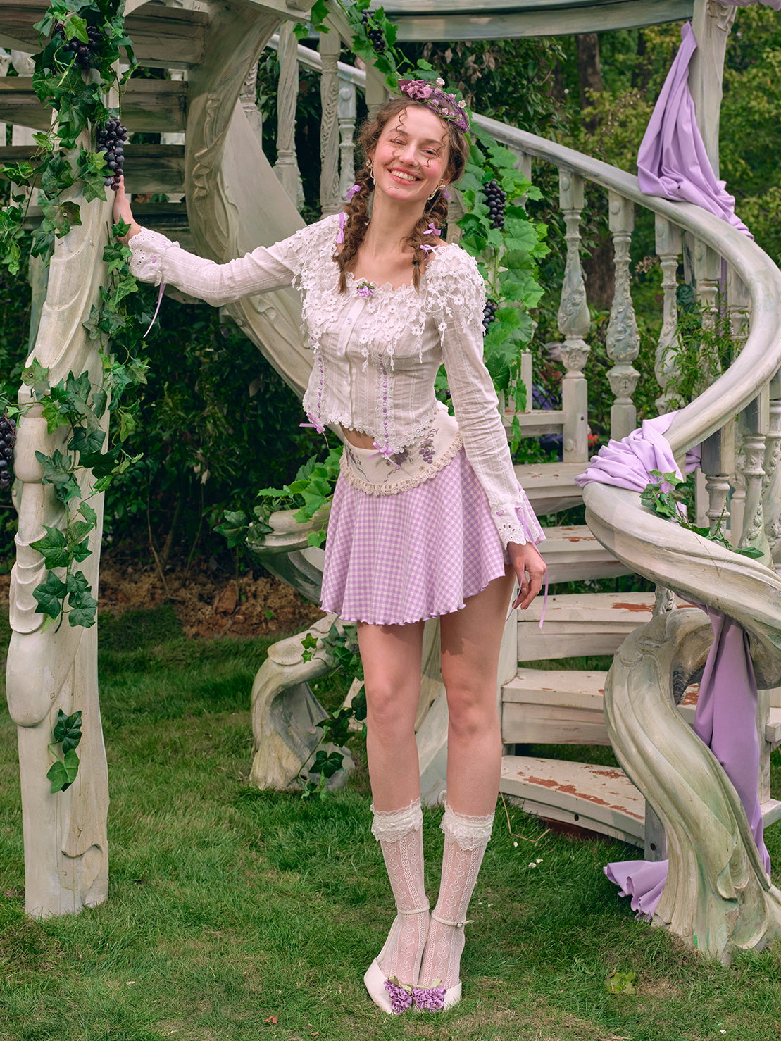 Lilac Ribbon Embroidered Lace Blouse