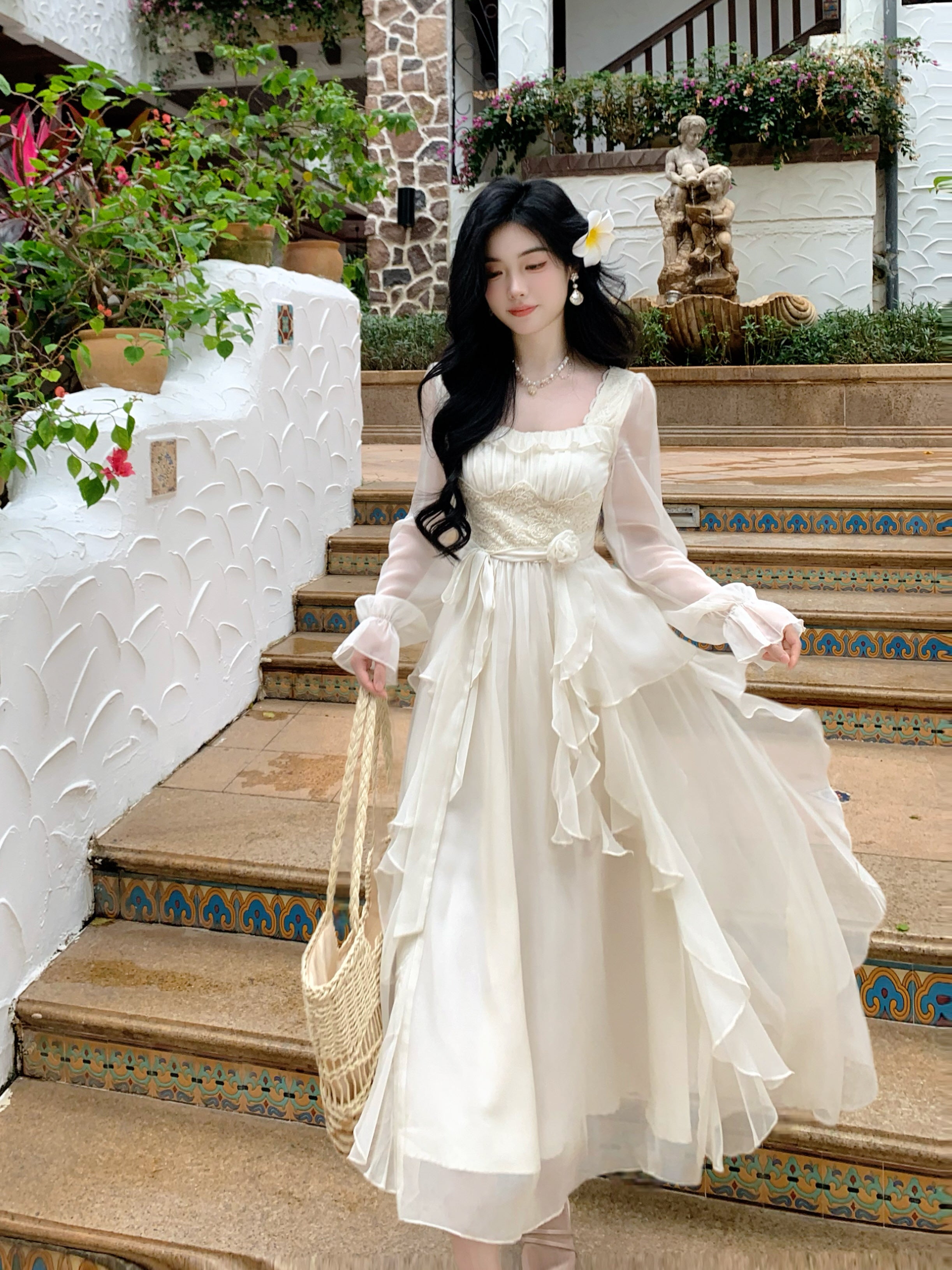Vintage Ivory Chiffon Ruffle Dress