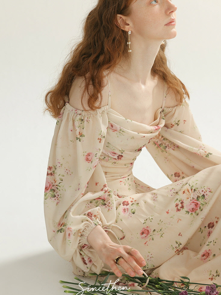 Vintage Rose Garden Off-Shoulder Dress