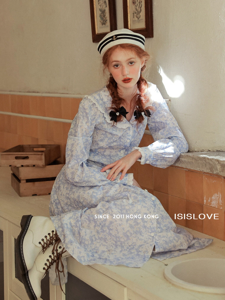 Vintage Blue Floral Lace Trim Blouse