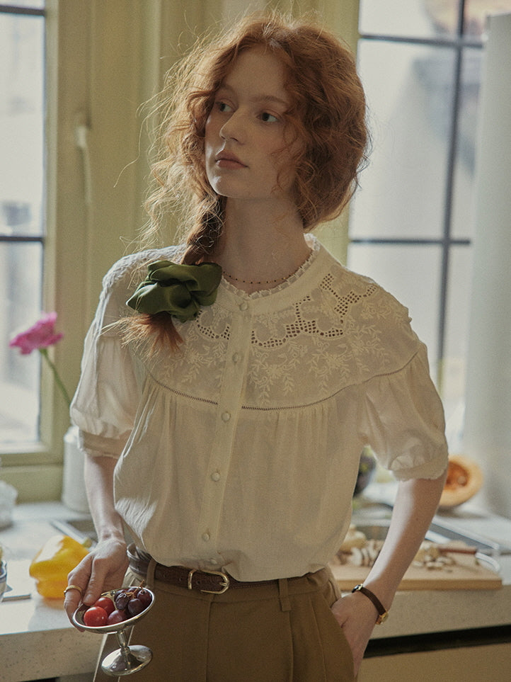 Victorian Lace Embroidered Cotton Blouse