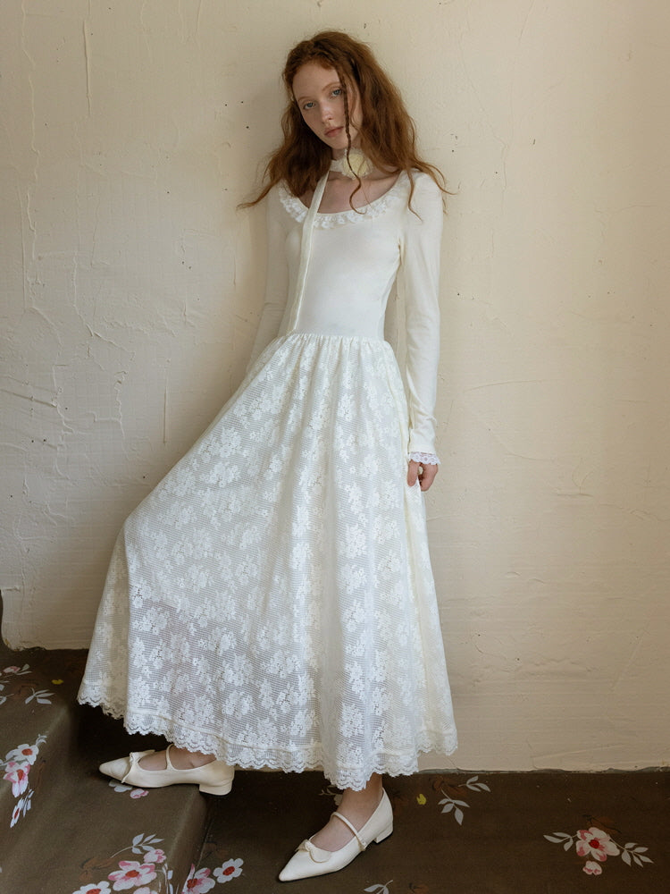 knee length dresses for ladies Dreamy White Lace Knit Dress