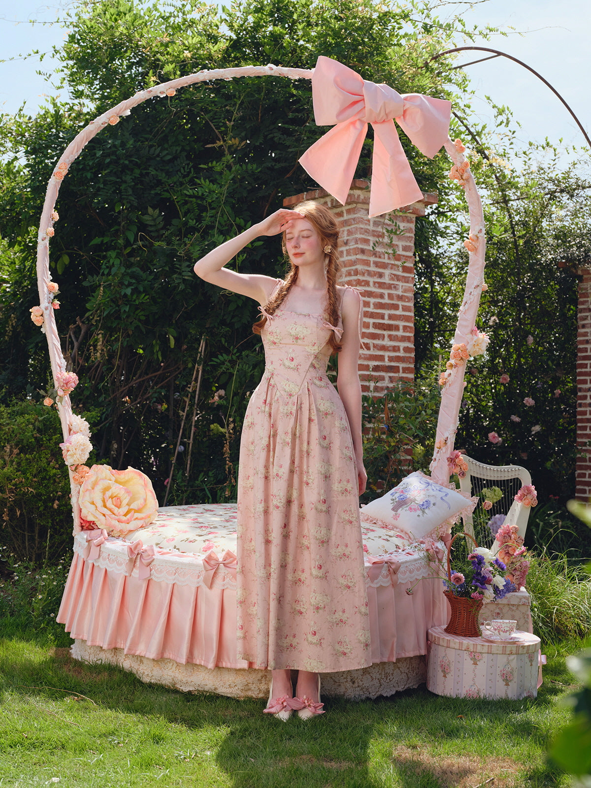 Pastoral Pink Vintage Floral Lace-Up Dress