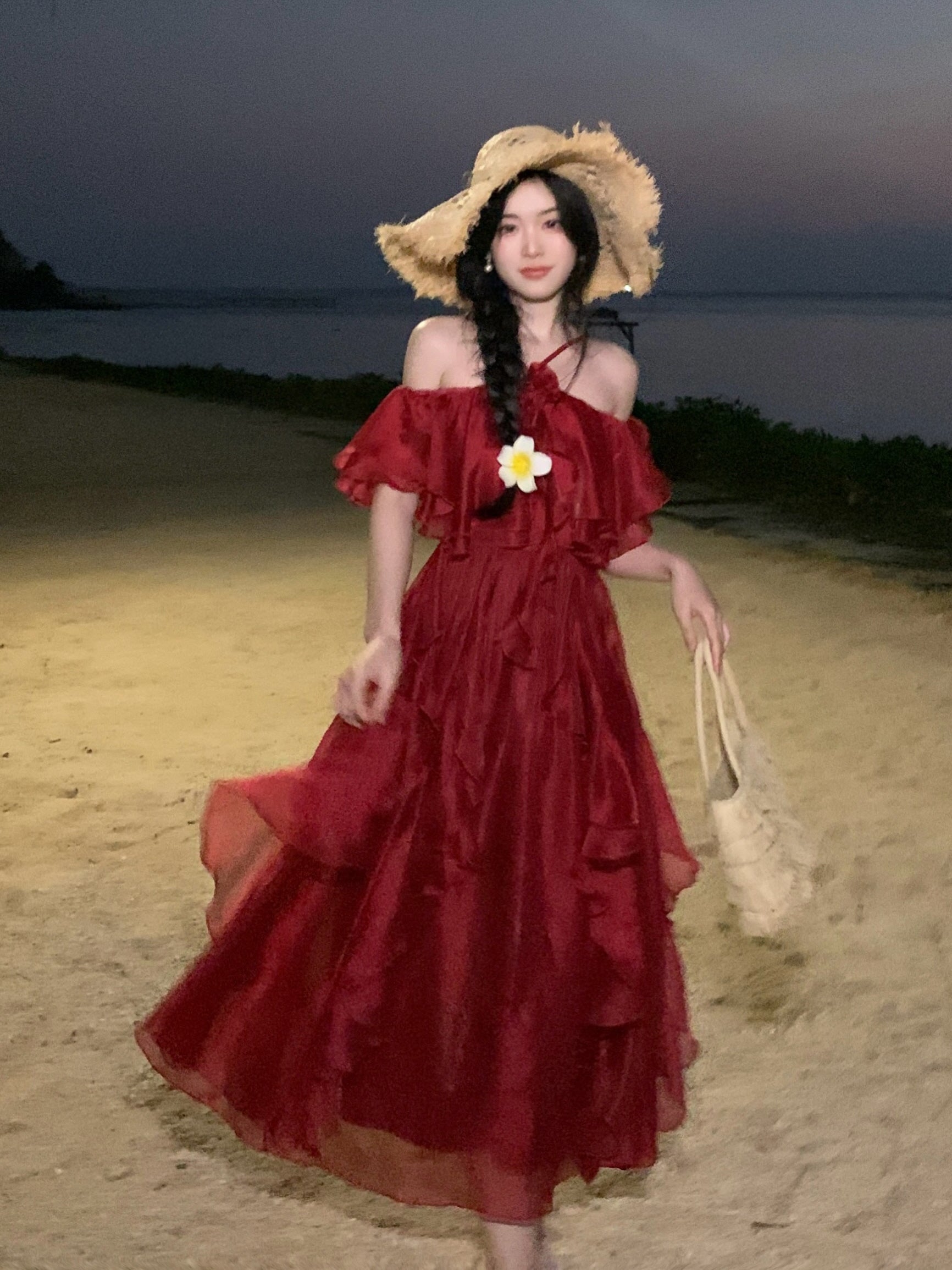 Scarlet Ruffle Off-Shoulder Chiffon Dress