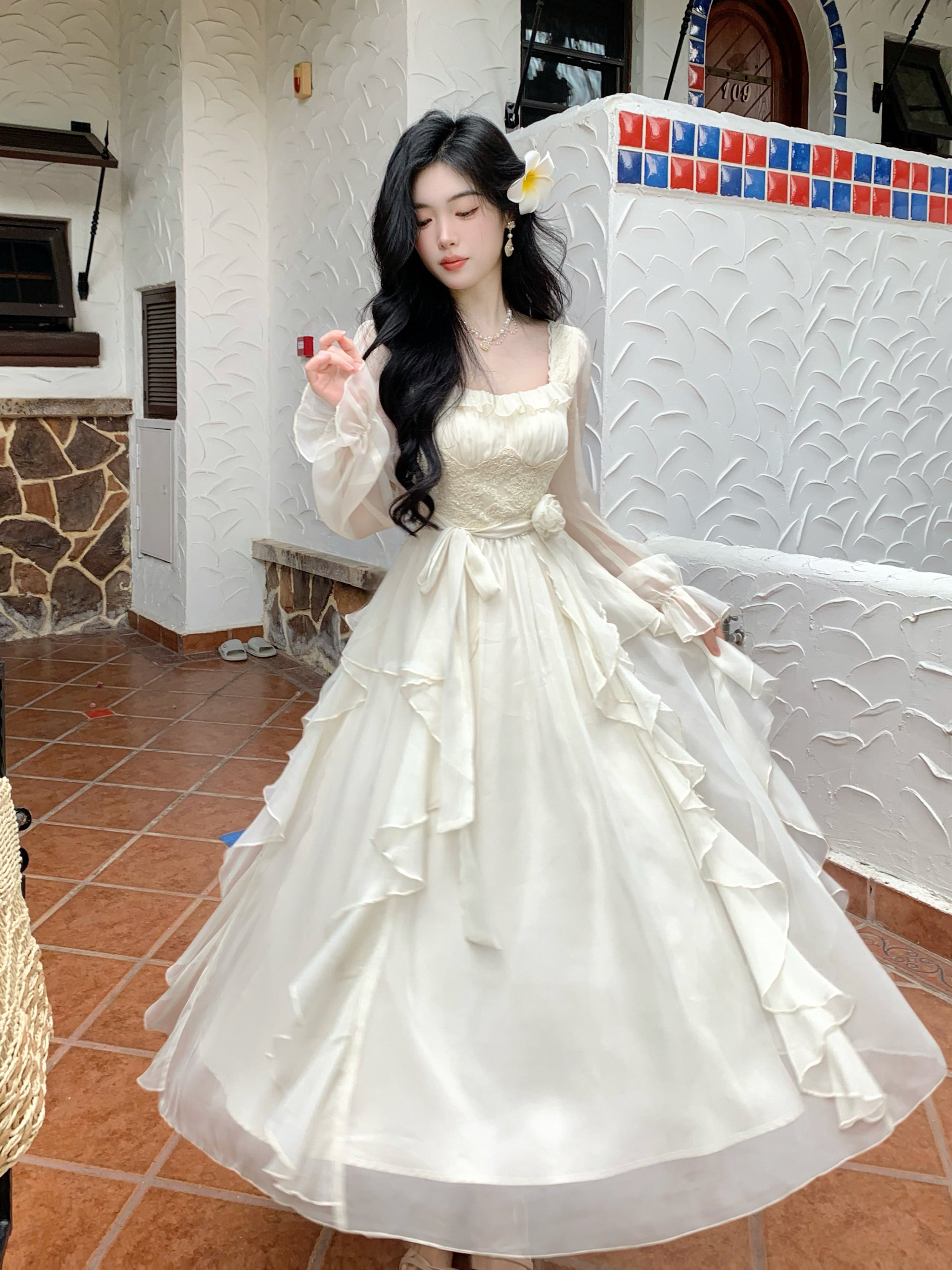 Ivory Chiffon Ruffle Dress – Vintage Princess Summer Outfit