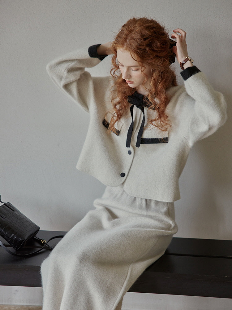 Elegant Wool Blend Ribbon Trim Knit Cardigan