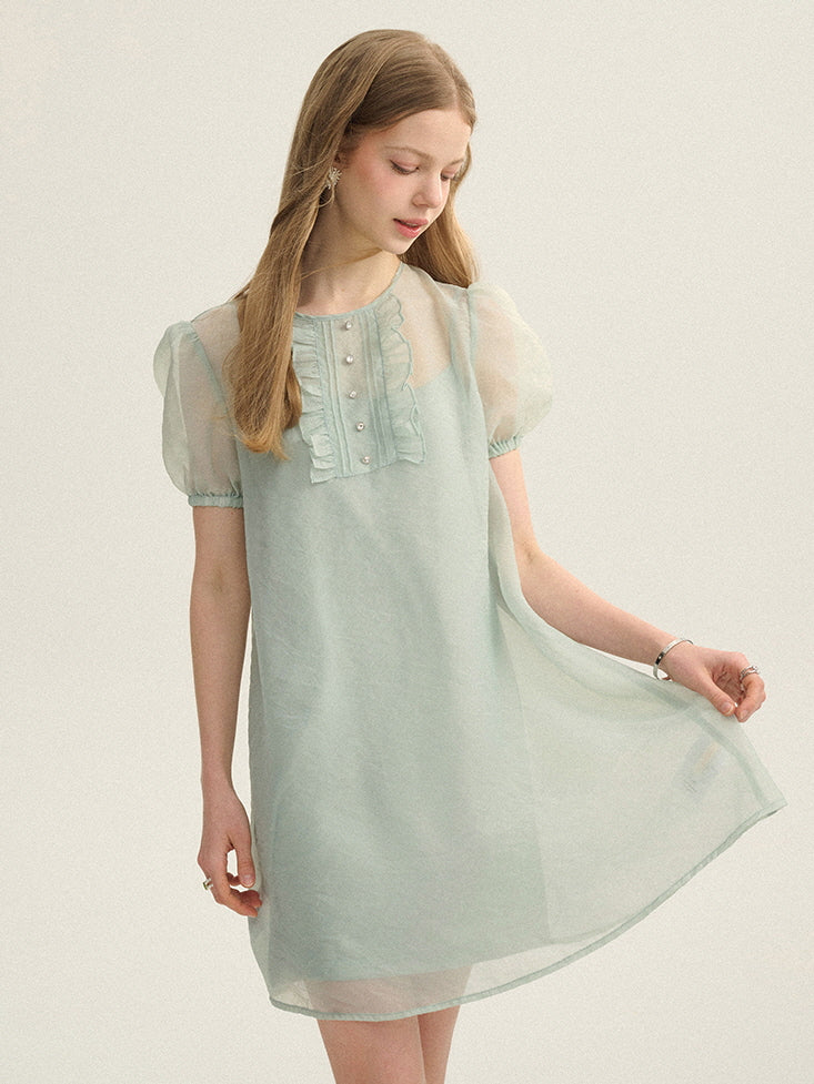 Mint Green Puff Sleeve Mini Dress – Sheer Sleeves, Ruffled Front – Fairycore Aesthetic Outfit Green / L