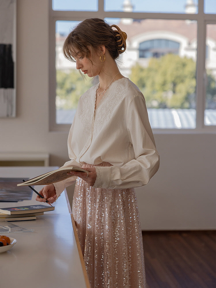 Scallop Embroidery Vintage Blouse