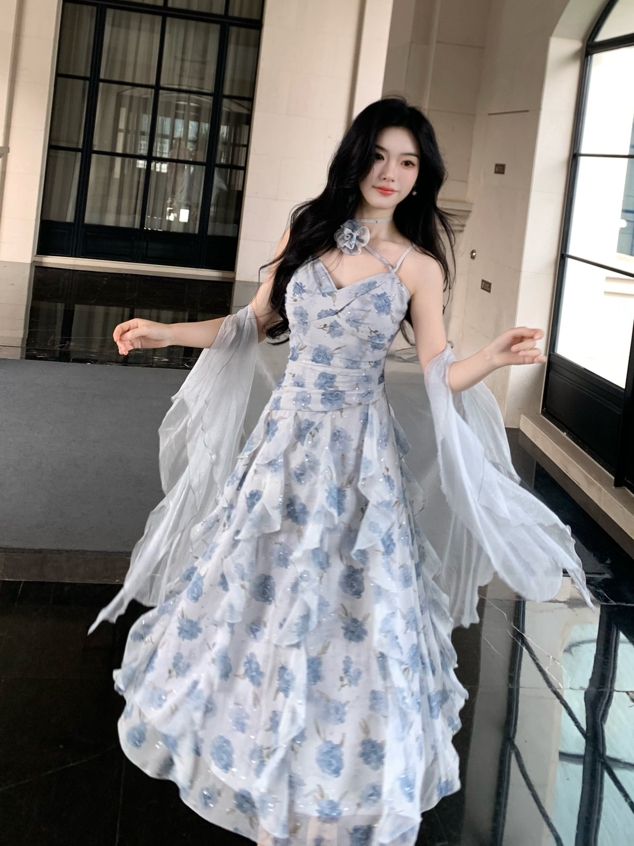 Whimsical Bloom Ruffle Chiffon Dress