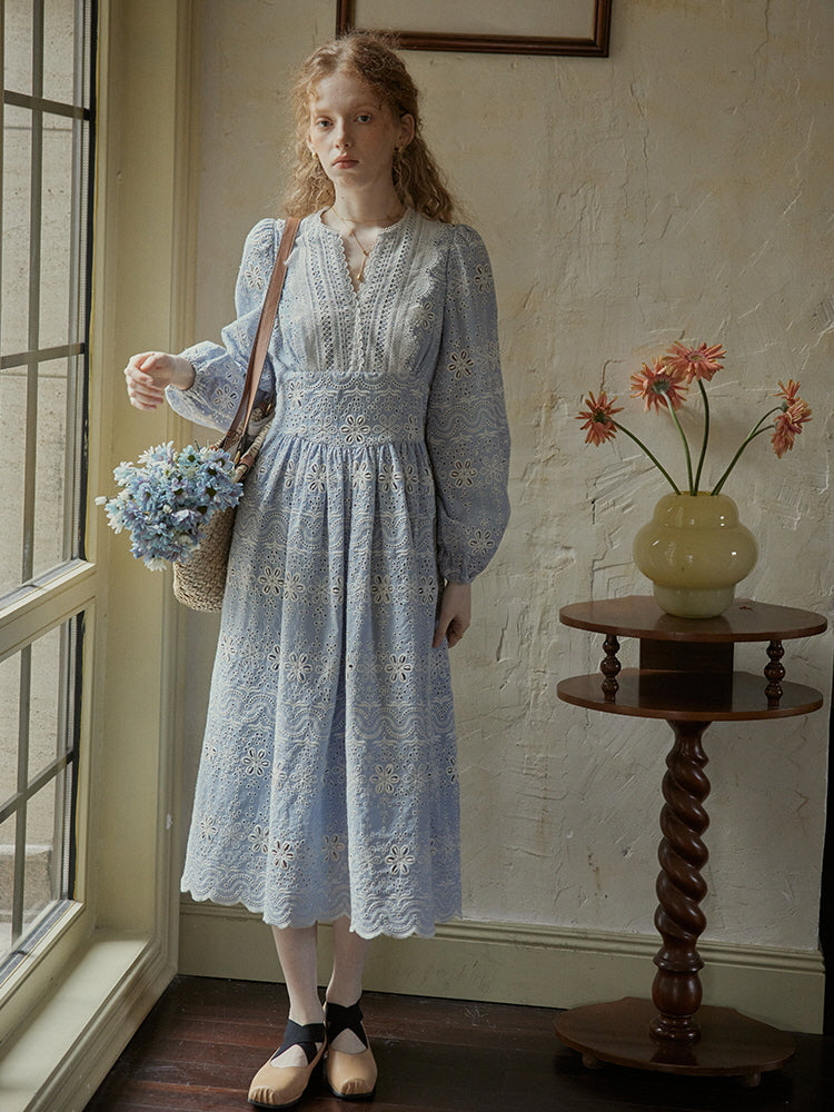 Enchanted Blue Embroidered Cotton Dress