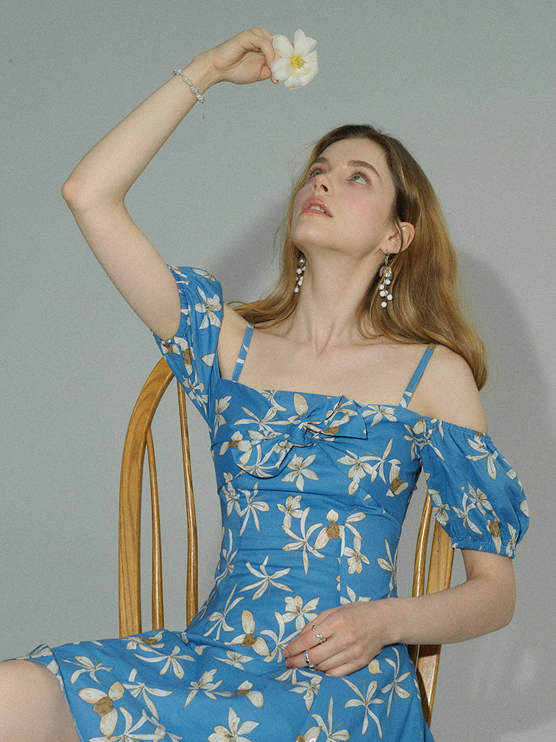 Blue Floral Off-Shoulder Summer Dress
