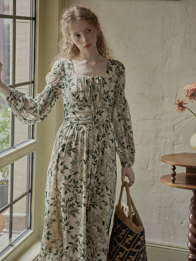 Cream Botanical Print Long Sleeves Dress – Vintage Cottagecore Aesthetic Green(Pre-Sale 15days) / S
