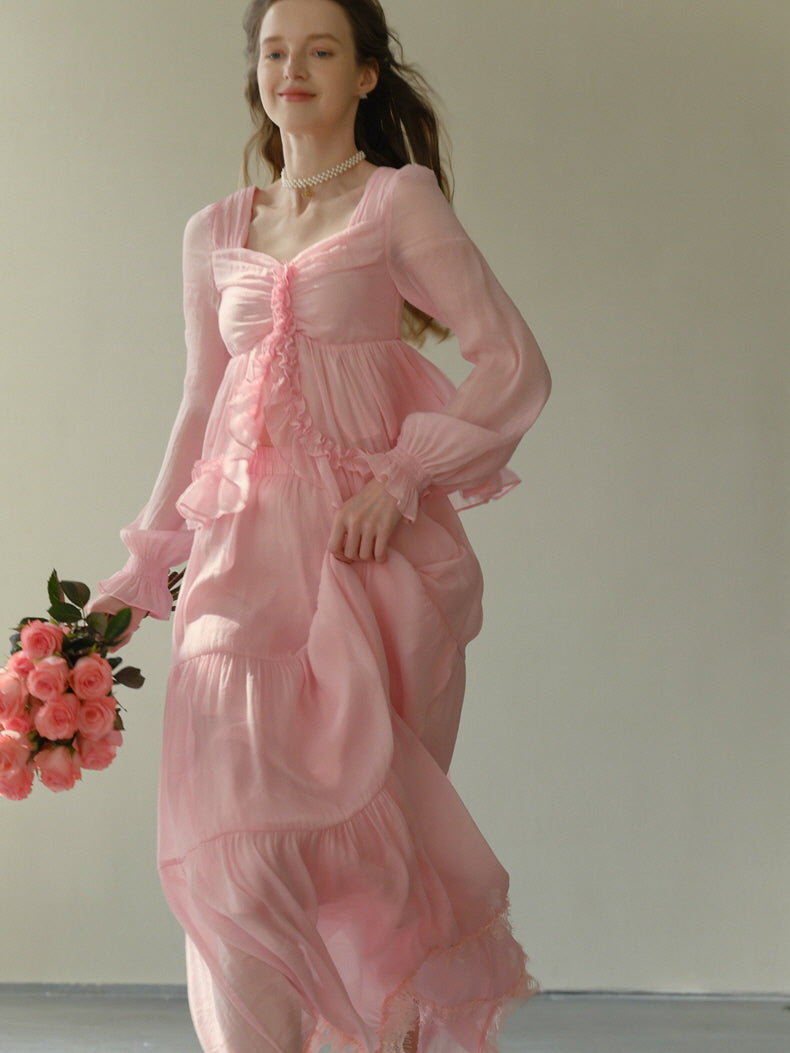 Rosy Frill Long Sleeve Top & Tiered Lace Skirt