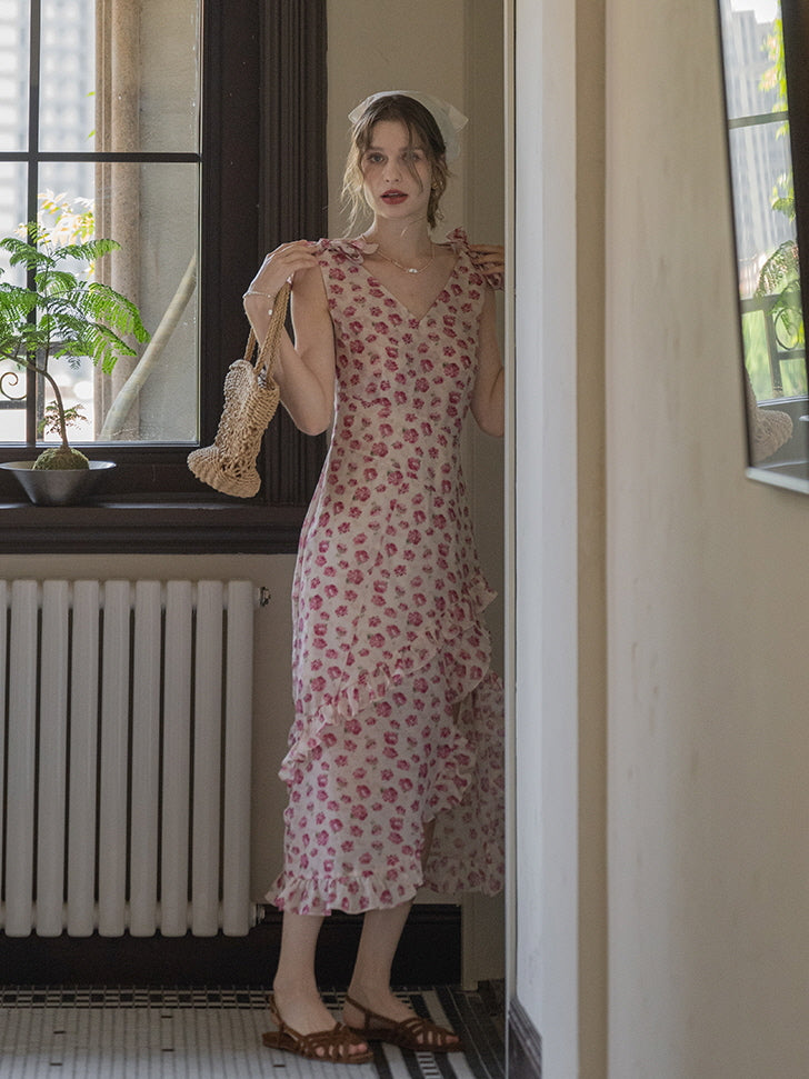 Romantic Rose Garden Ruffled Wrap Dress