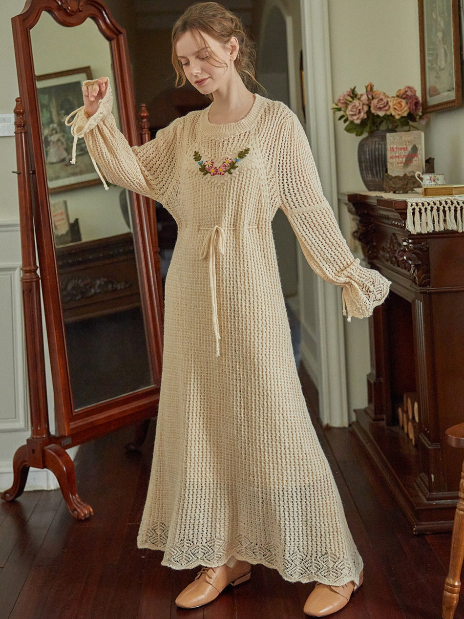 Floral Embroidery Wool Knit Dress
