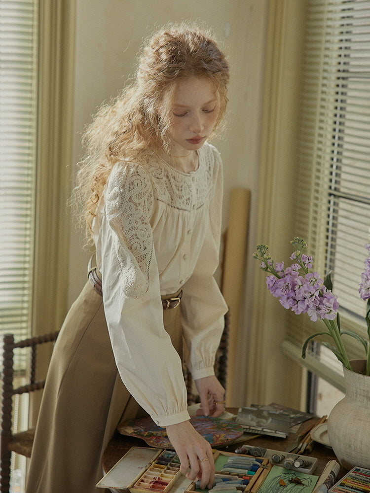 Romantic Lace Yoke Cotton Blouse