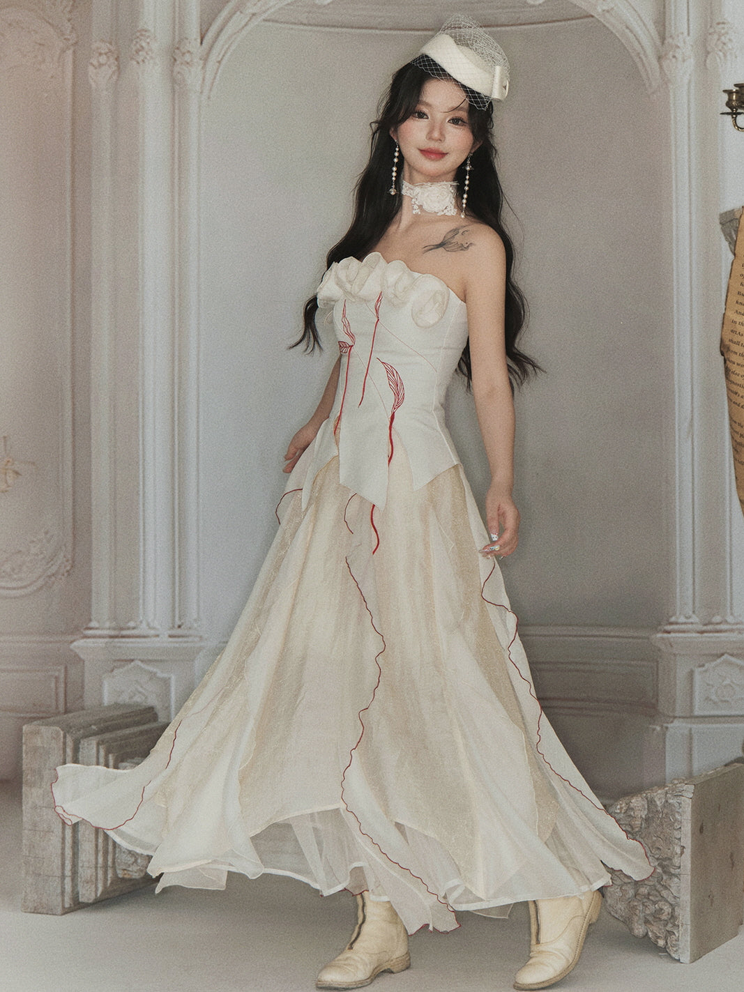Enchanted Rose Embroidered Corset & Flowing Chiffon Skirt