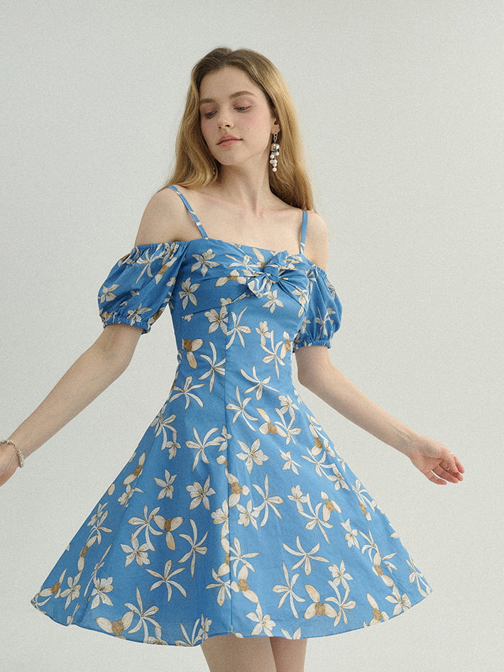 Blue Floral Off-Shoulder Summer Dress