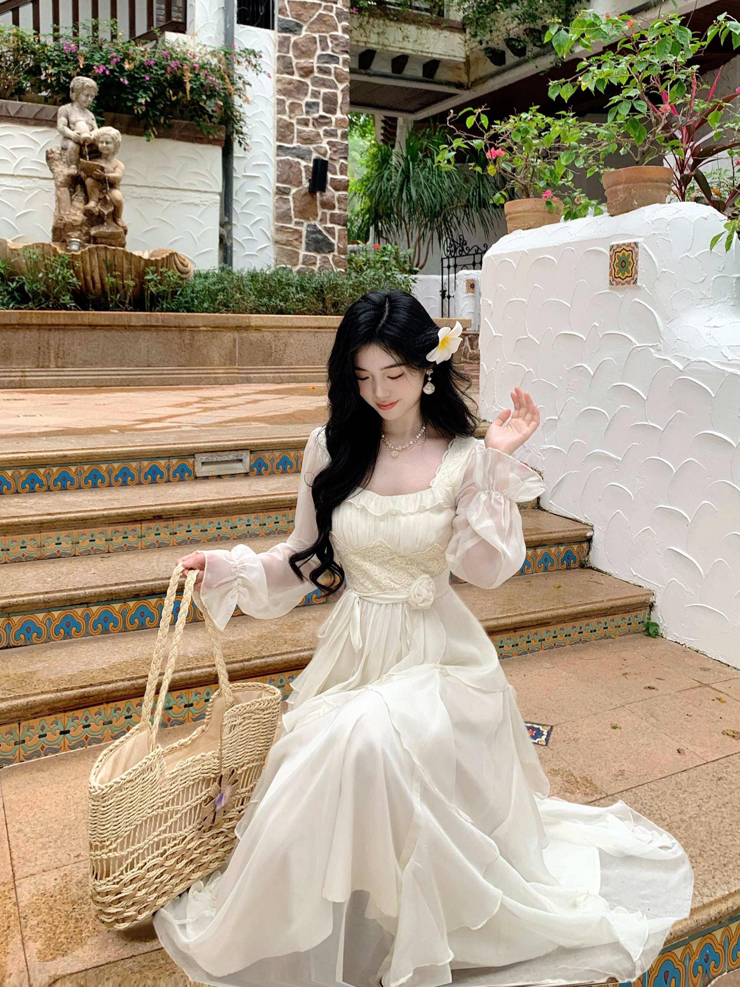 Vintage Ivory Chiffon Ruffle Dress