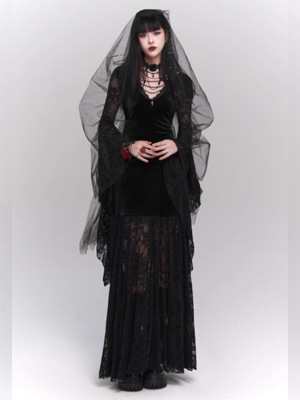 Black Velvet Lace Bell Sleeve Gothic Dress