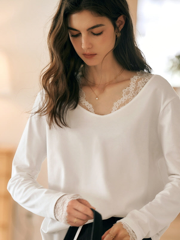 Lace Trim Soft Cotton Long Sleeve Top