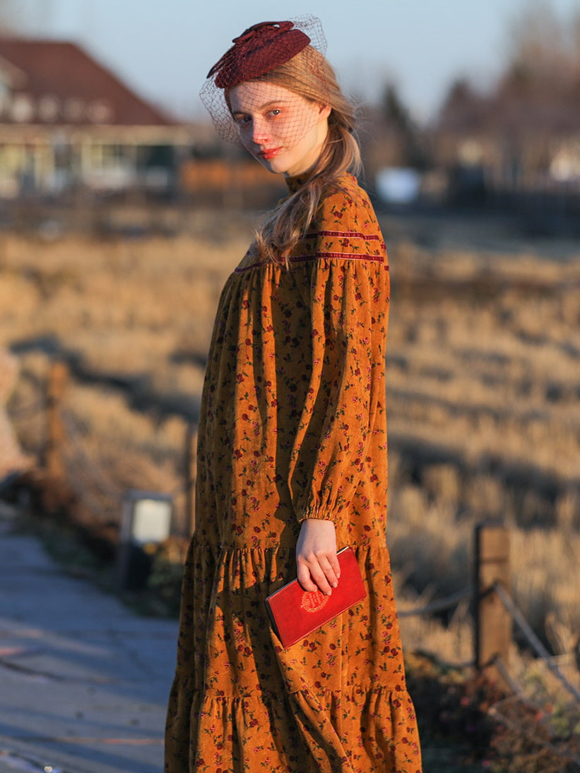 Vintage Golden Floral Corduroy Dress