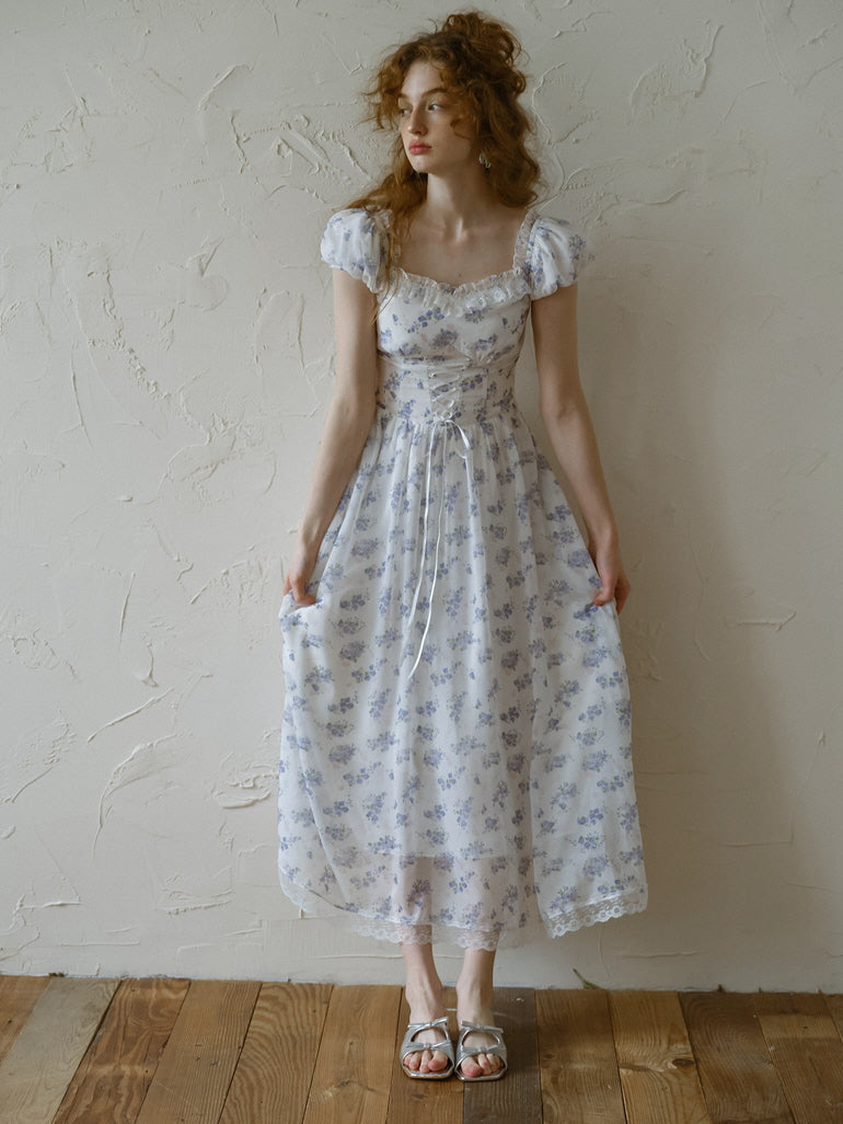 Blue Lavender Floral Corset Dress Soft Feminine Fairy Aesthetic Outfit Blue Lavender Floral Corset Dress Soft Feminine Fairy Aesthetic Outfit