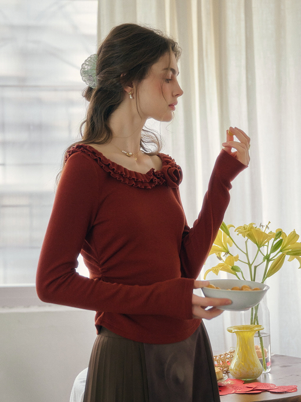 Rosette Ruffle Knit Top