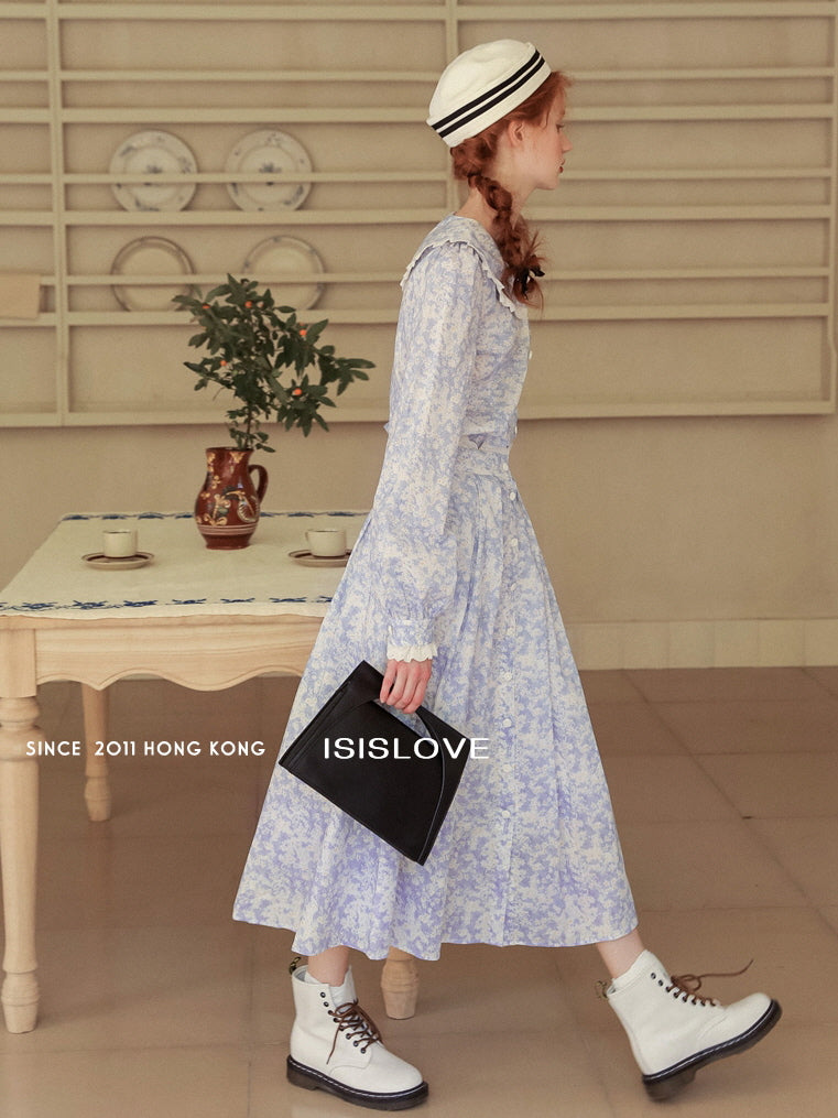 Vintage Blue Floral Lace Trim Blouse