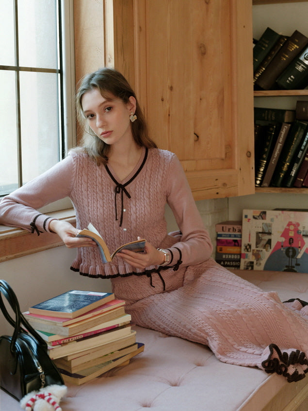 Ribbon Trim Ruffle Knit Cardigan
