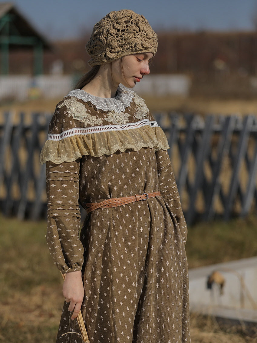 Vintage Floral Brown Corduroy Dress