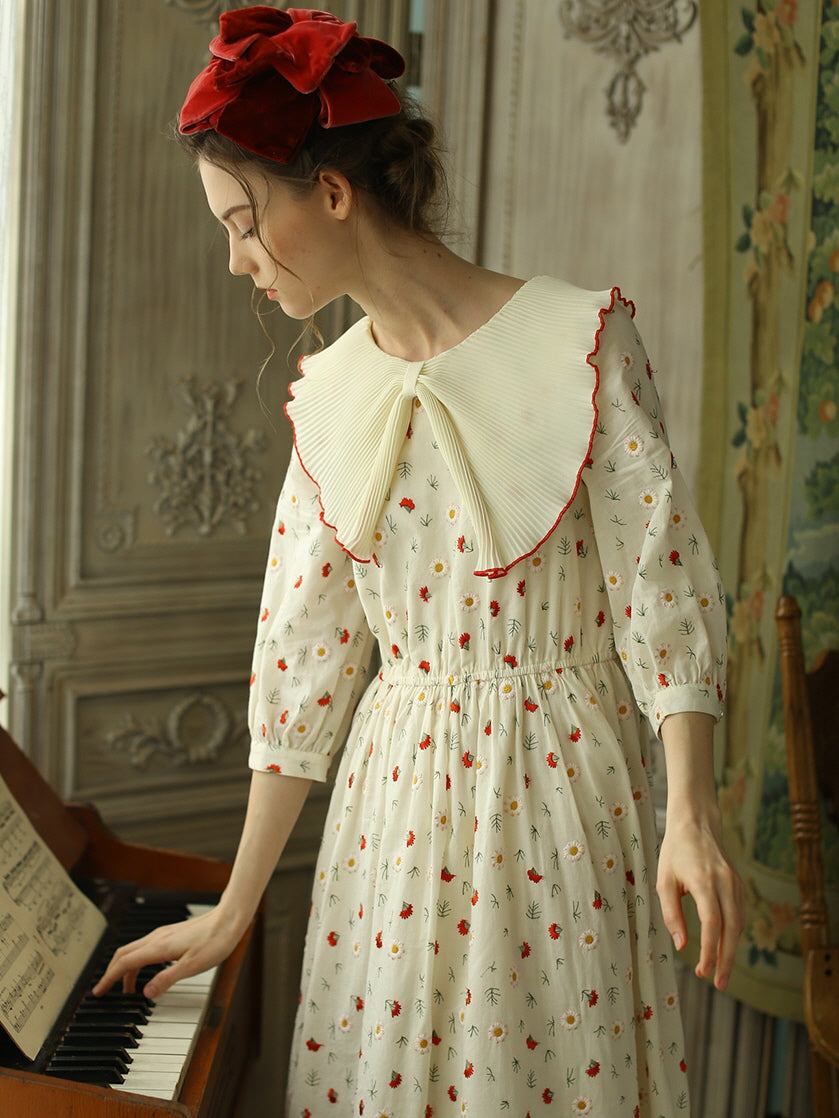 open lace back dress Pleated Collar Retro Floral Cotton Dress