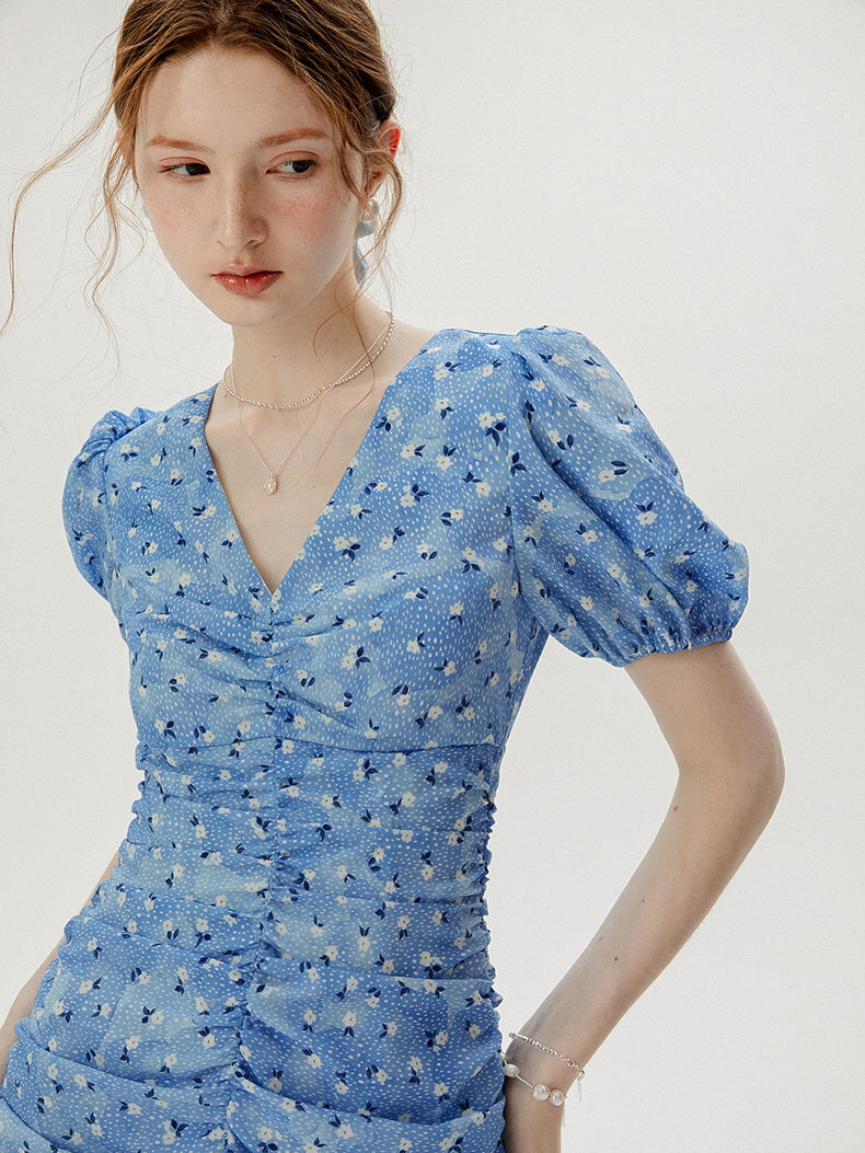 Blue Blossom Ruched Dress