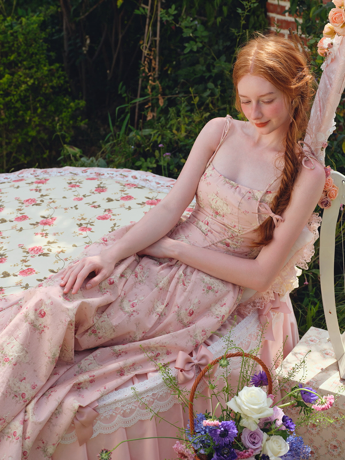 Floral Pink Corset Lace-Up Dress - Fairytale Cottagecore Aesthetic Outfit Pink(Pre-Sale 30days) / M Floral Pink Corset Lace-Up Dress - Fairytale Cottagecore Aesthetic Outfit Pink(Pre-Sale 30days) / M