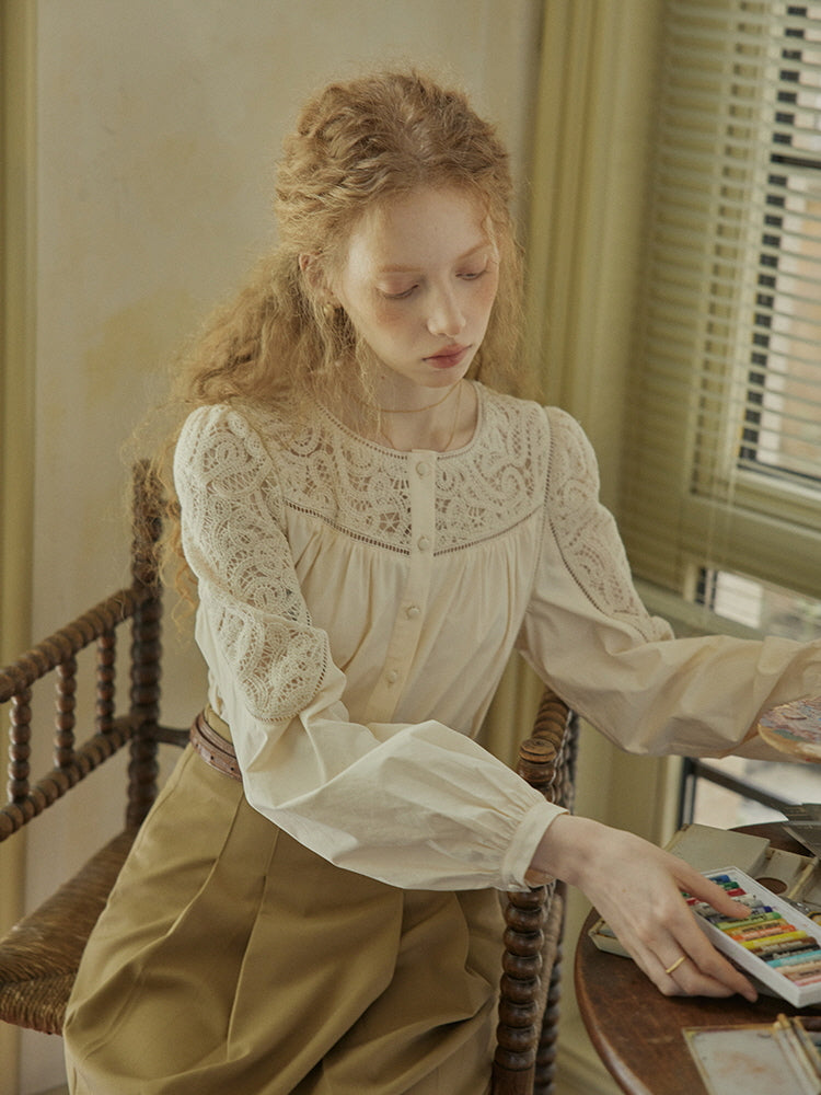 Romantic Lace Yoke Cotton Blouse