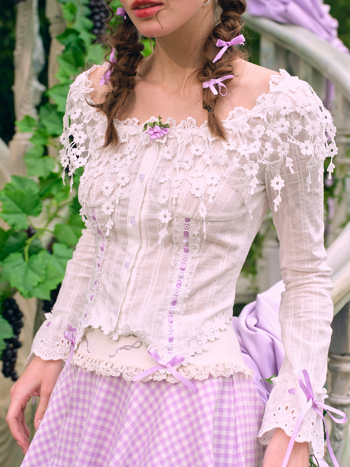 Lilac Ribbon Embroidered Lace Blouse