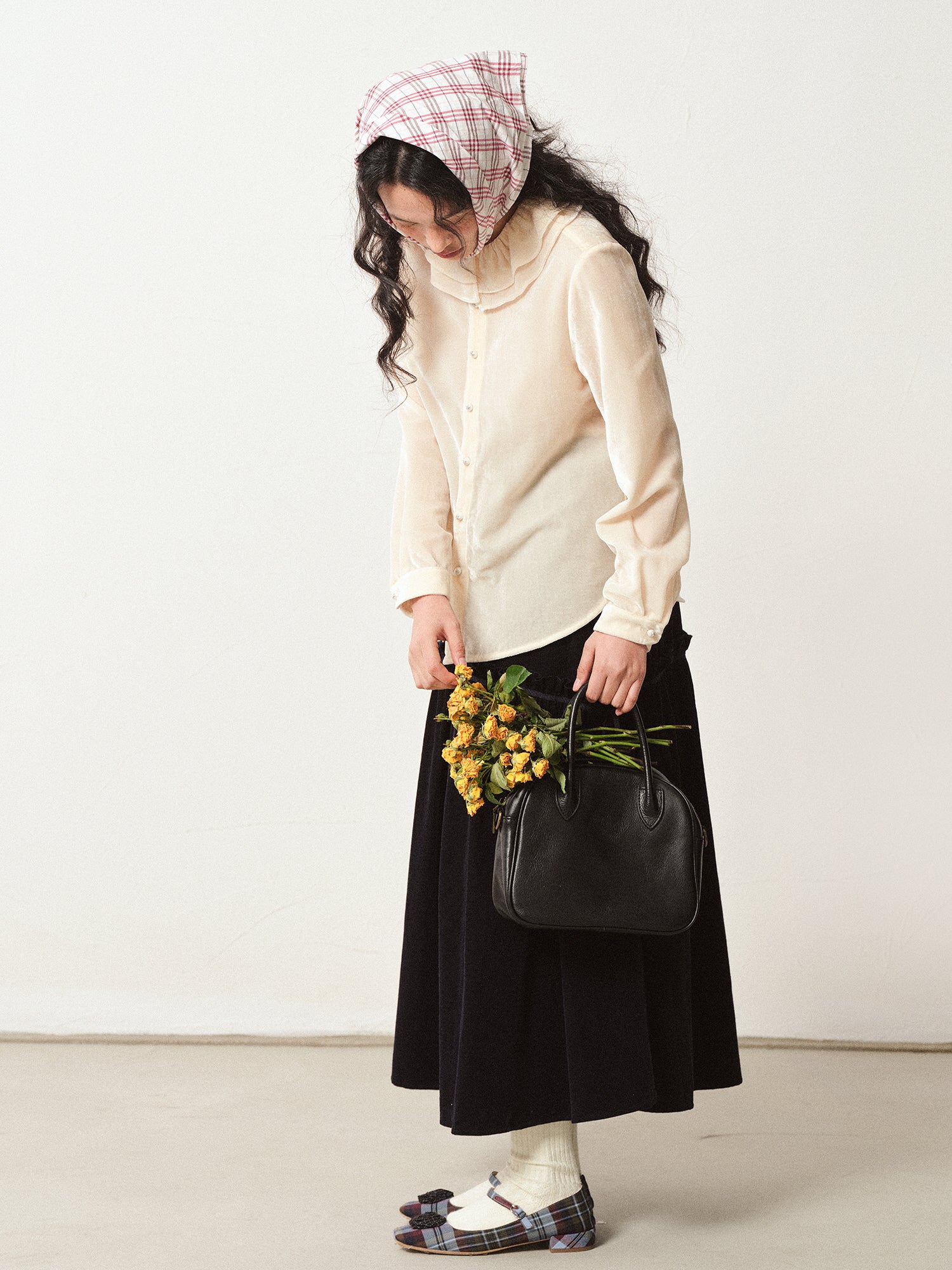 Vintage Velvet Blouse with Frilled Floral Collar