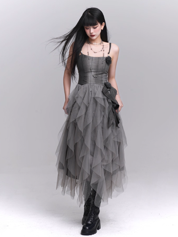 Gray Rose Tiered Tulle Dress