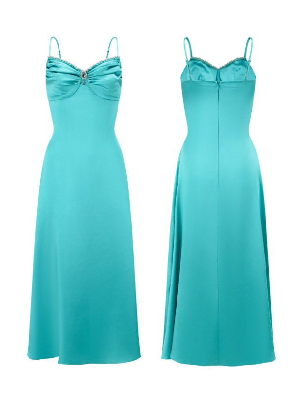 Front and back view of a turquoise satin dress with a ruched bust and jeweled neckline — elegant formal gown, vintage-inspired eveningwear, summer princess aesthetic.