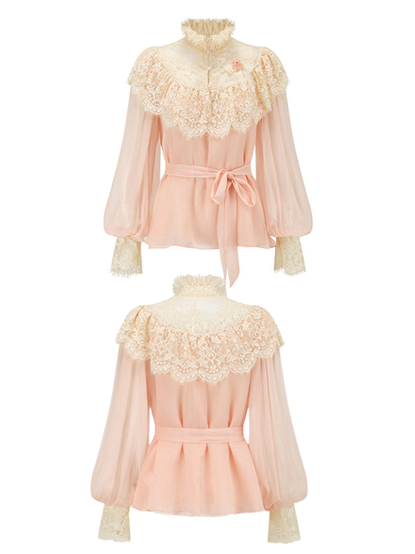 Vintage Lace Embellished Blush Pink Blouse