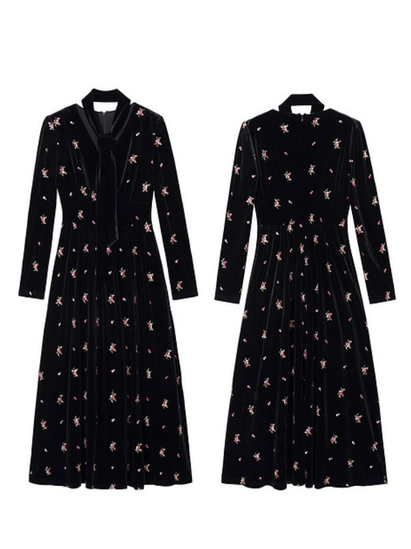 Vintage Velvet Floral Embroidered Dress