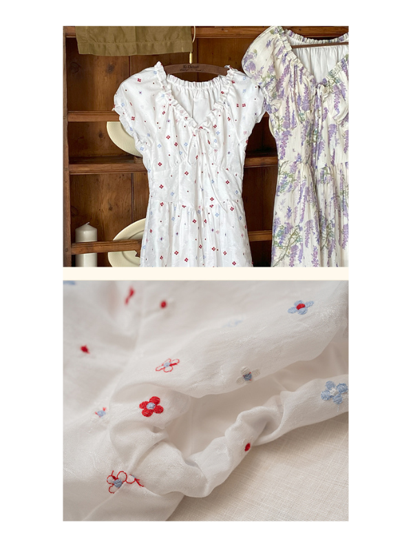 Detailed close-ups of a white floral embroidered dress with red and blue flower motifs, highlighting the side pocket and the elasticated waist for a comfortable, vintage-inspired fit.